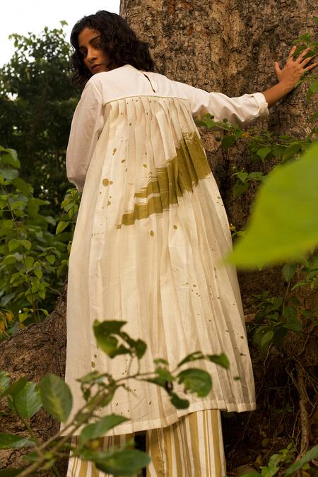 Shop_THREE_Ivory Cotton, Poplin, Silk Embroidery Round Neck Overlay Panel Dress _at_Aza_Fashions