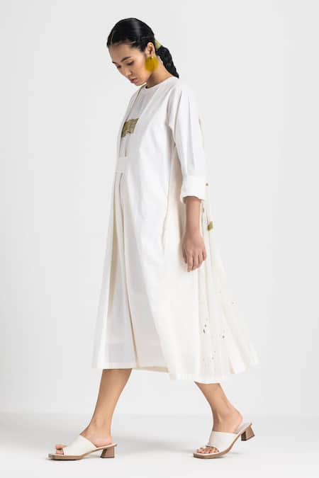 Buy_THREE_Ivory Cotton, Poplin, Silk Embroidery Round Neck Overlay Panel Dress _Online_at_Aza_Fashions