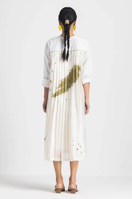 Shop_THREE_Ivory Cotton, Poplin, Silk Embroidery Round Neck Overlay Panel Dress _Online_at_Aza_Fashions