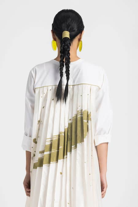 THREE_Ivory Cotton, Poplin, Silk Embroidery Round Neck Overlay Panel Dress _at_Aza_Fashions