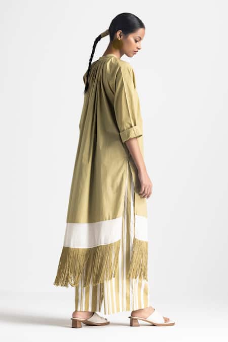 Shop Three Green Poplin Solid Round Collar Fringed Hem Shirt Tunic at Aza Fashions Shop_Three_Green Poplin Solid Round Collar Fringed Hem Shirt Tunic _at_Aza_Fashions