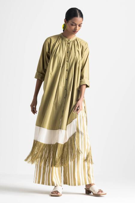 Buy Three Green Poplin Solid Round Collar Fringed Hem Shirt Tunic Online at Aza Fashions Buy_Three_Green Poplin Solid Round Collar Fringed Hem Shirt Tunic _Online_at_Aza_Fashions