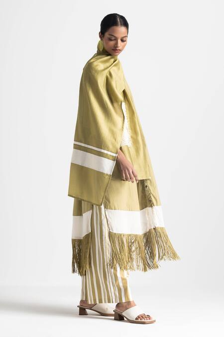 Buy Three Green Poplin Solid Round Collar Fringed Hem Shirt Tunic Buy_Three_Green Poplin Solid Round Collar Fringed Hem Shirt Tunic