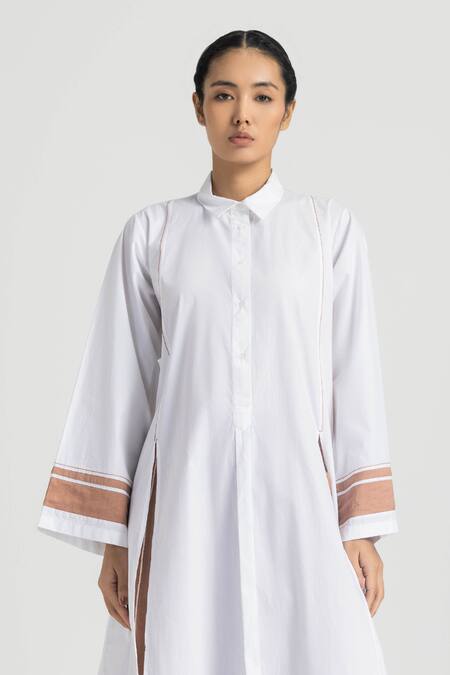 Buy_Three_White Poplin Shawl Neck Solid Long Shirt _Online_at_Aza_Fashions