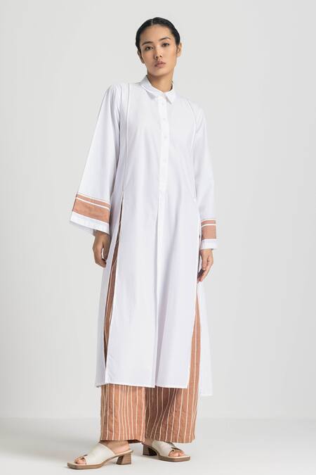 Three_White Poplin Shawl Neck Solid Long Shirt _at_Aza_Fashions