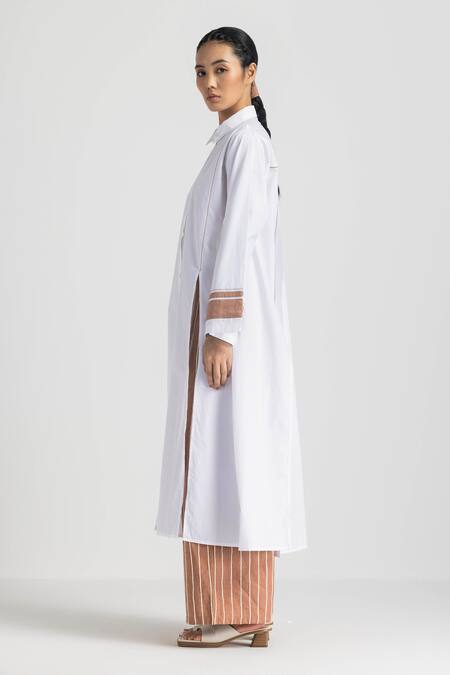 Buy_Three_White Poplin Shawl Neck Solid Long Shirt 