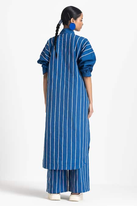 Shop Three Blue Poplin Embroidered Stripe Tunic at Aza Fashions Shop_Three_Blue Poplin Embroidered Stripe Tunic _at_Aza_Fashions