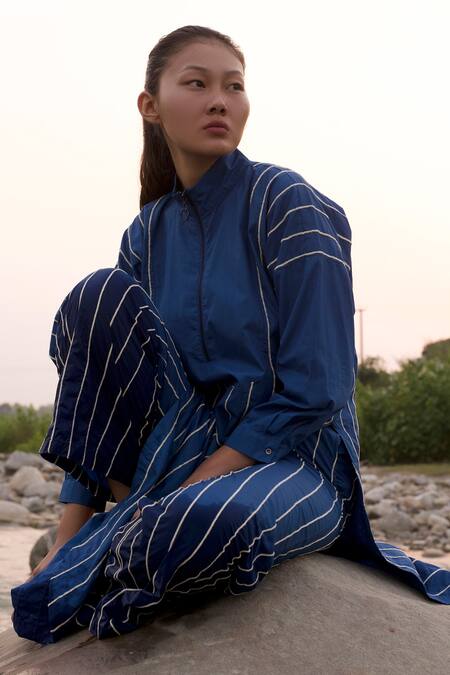 Three Blue Poplin Embroidered Stripe Tunic Online at Aza Fashions Three_Blue Poplin Embroidered Stripe Tunic _Online_at_Aza_Fashions