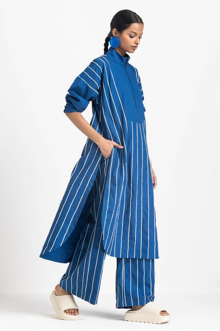 Shop Three Blue Poplin Embroidered Stripe Tunic Online at Aza Fashions Shop_Three_Blue Poplin Embroidered Stripe Tunic _Online_at_Aza_Fashions