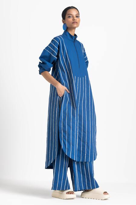 Buy Three Blue Poplin Embroidered Stripe Tunic Buy_Three_Blue Poplin Embroidered Stripe Tunic