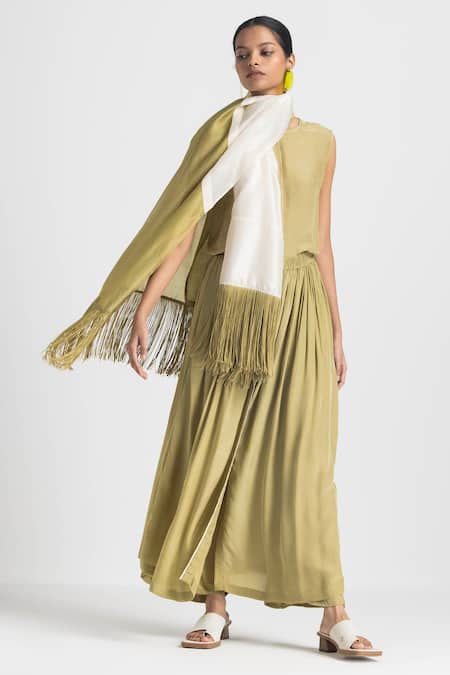 Shop Three Green Silk, Crepe Embroidery Round Neck Thread Placement Top at Aza Fashions Shop_Three_Green Silk, Crepe Embroidery Round Neck Thread Placement Top _at_Aza_Fashions