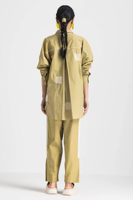 Shop Three Green Cotton Embroidery Collared Wave Placement Top at Aza Fashions Shop_Three_Green Cotton Embroidery Collared Wave Placement Top _at_Aza_Fashions