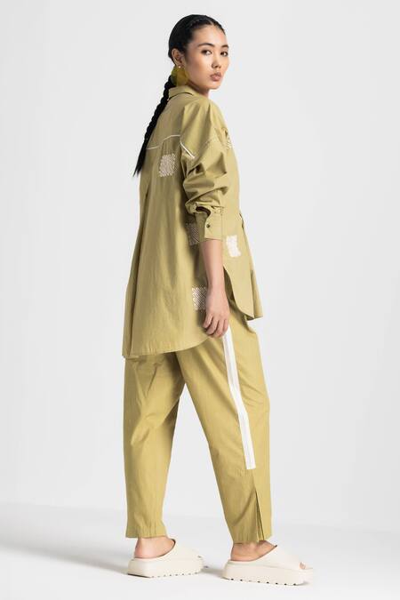 Three Green Cotton Embroidery Collared Wave Placement Top Online at Aza Fashions Three_Green Cotton Embroidery Collared Wave Placement Top _Online_at_Aza_Fashions