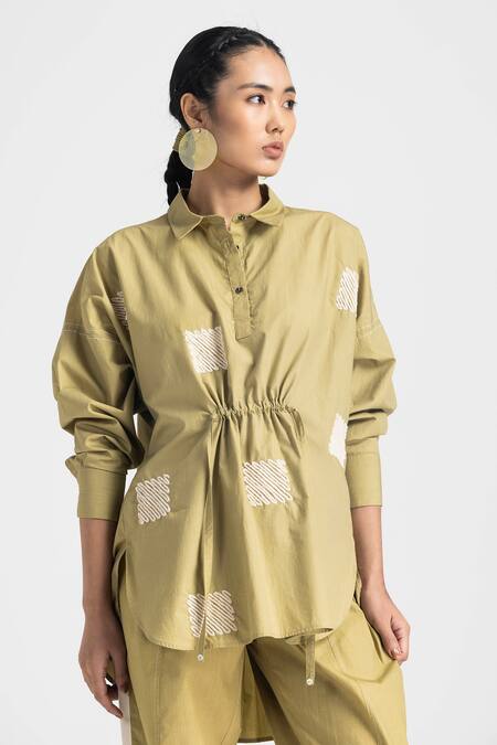 Buy Three Green Cotton Embroidery Collared Wave Placement Top Online at Aza Fashions Buy_Three_Green Cotton Embroidery Collared Wave Placement Top _Online_at_Aza_Fashions