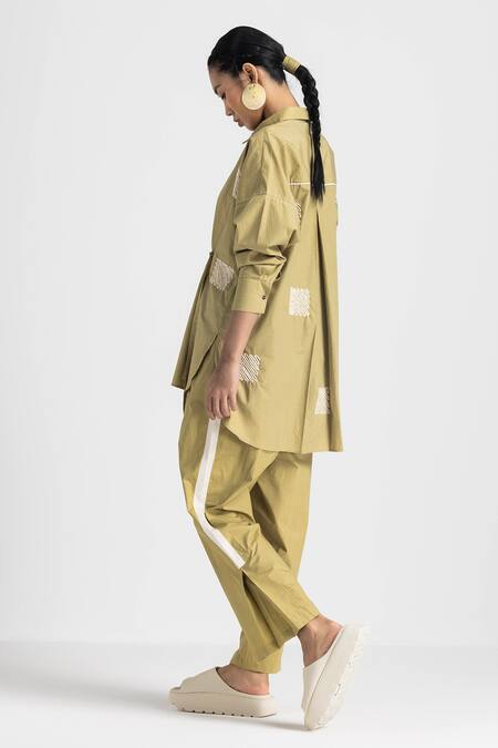 Shop Three Green Cotton Embroidery Collared Wave Placement Top Online at Aza Fashions Shop_Three_Green Cotton Embroidery Collared Wave Placement Top _Online_at_Aza_Fashions