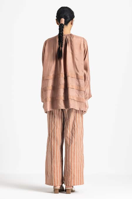 Shop Three Gold Silk Round Neck Pleated Top at Aza Fashions Shop_Three_Gold Silk Round Neck Pleated Top _at_Aza_Fashions