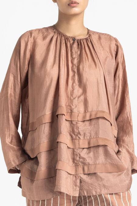 Three Gold Silk Round Neck Pleated Top Online at Aza Fashions Three_Gold Silk Round Neck Pleated Top _Online_at_Aza_Fashions