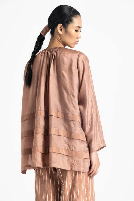 Shop Three Gold Silk Round Neck Pleated Top Online at Aza Fashions Shop_Three_Gold Silk Round Neck Pleated Top _Online_at_Aza_Fashions