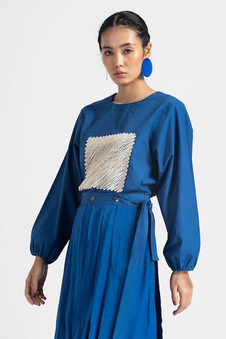 Three Blue Cotton Embroidery Round Neck Square Top at Aza Fashions Three_Blue Cotton Embroidery Round Neck Square Top _at_Aza_Fashions