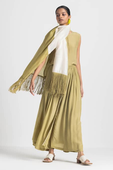 Shop_THREE_Green Crepe Gathered Skirt Pant  _at_Aza_Fashions