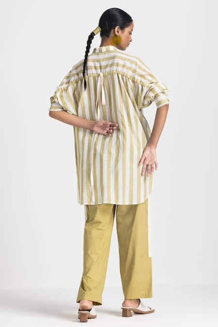 Shop Three Green Poplin Side Tape Pant at Aza Fashions Shop_Three_Green Poplin Side Tape Pant _at_Aza_Fashions