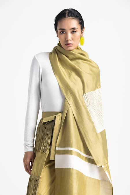 Shop_Three_Green Poplin Fringe Skirt Pant _Online_at_Aza_Fashions