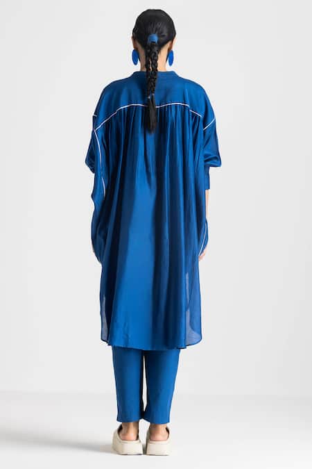 Shop Three Blue Poplin Side Thread Work Trouser at Aza Fashions Shop_Three_Blue Poplin Side Thread Work Trouser _at_Aza_Fashions