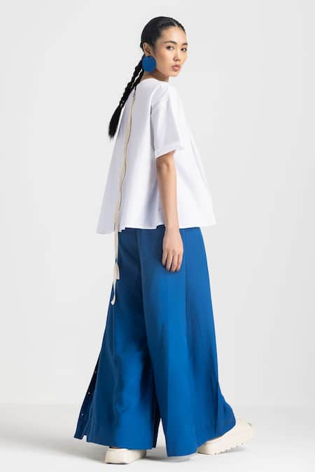 Shop Three Blue Tencel Inverted Pleat Palazzo at Aza Fashions Shop_Three_Blue Tencel Inverted Pleat Palazzo _at_Aza_Fashions