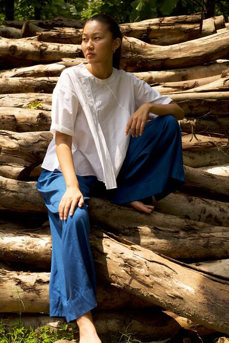 Three Blue Tencel Inverted Pleat Palazzo Online at Aza Fashions Three_Blue Tencel Inverted Pleat Palazzo _Online_at_Aza_Fashions