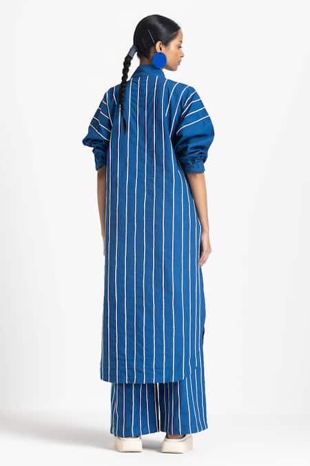 Shop Three Blue Poplin Stripe Embroidered High Waist Trouser at Aza Fashions Shop_Three_Blue Poplin Stripe Embroidered High Waist Trouser _at_Aza_Fashions