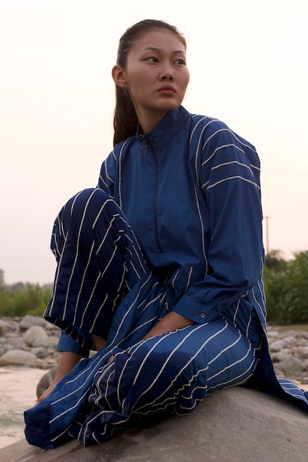 Three Blue Poplin Stripe Embroidered High Waist Trouser Online at Aza Fashions Three_Blue Poplin Stripe Embroidered High Waist Trouser _Online_at_Aza_Fashions