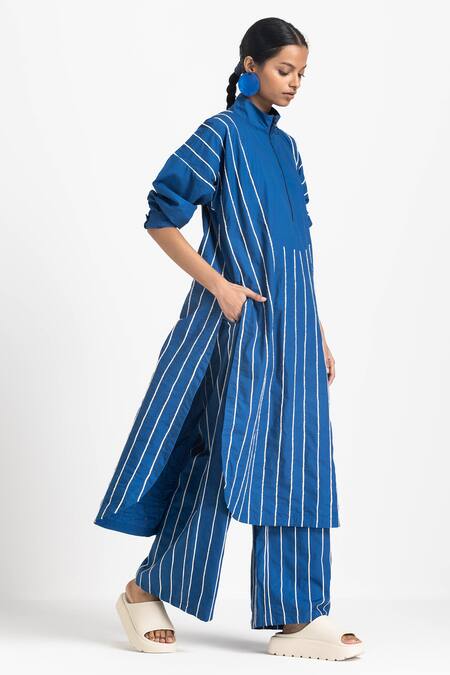Buy Three Blue Poplin Stripe Embroidered High Waist Trouser Online at Aza Fashions Buy_Three_Blue Poplin Stripe Embroidered High Waist Trouser _Online_at_Aza_Fashions