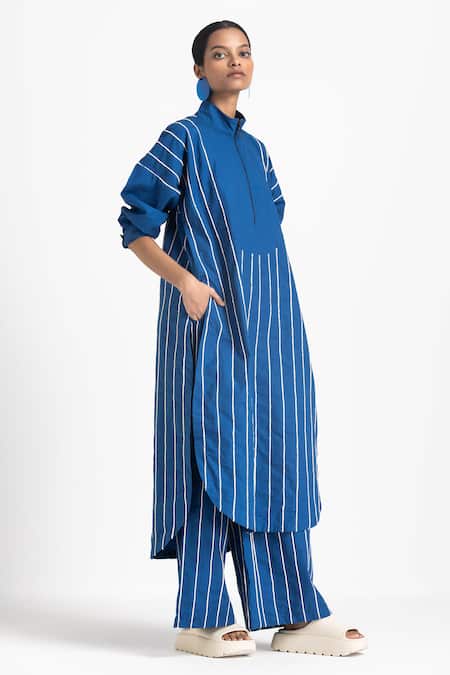 Shop Three Blue Poplin Stripe Embroidered High Waist Trouser Online at Aza Fashions Shop_Three_Blue Poplin Stripe Embroidered High Waist Trouser _Online_at_Aza_Fashions