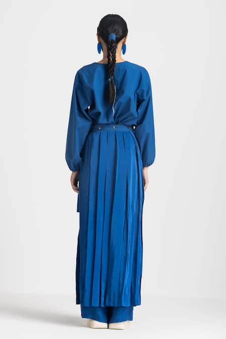 Shop Three Blue Crepe Detachable Wrap Skirt Pant at Aza Fashions Shop_Three_Blue Crepe Detachable Wrap Skirt Pant _at_Aza_Fashions