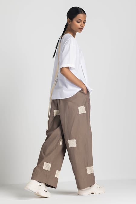 Shop Three Brown Poplin Embroidery Square Wave Trouser at Aza Fashions Shop_Three_Brown Poplin Embroidery Square Wave Trouser _at_Aza_Fashions
