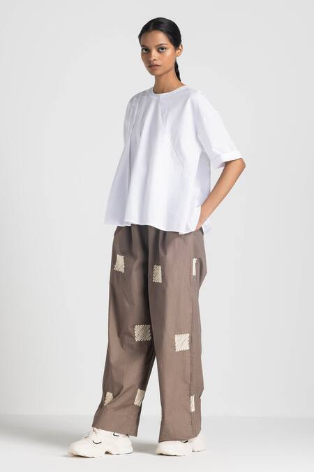 Three Brown Poplin Embroidery Square Wave Trouser Online at Aza Fashions Three_Brown Poplin Embroidery Square Wave Trouser _Online_at_Aza_Fashions