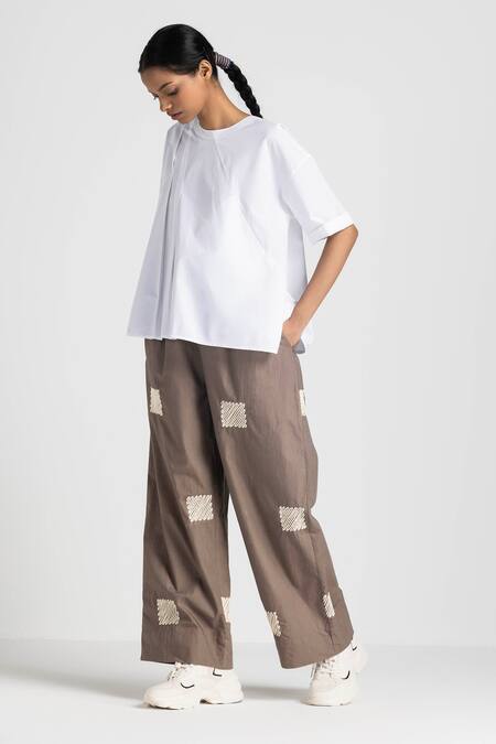 Buy Three Brown Poplin Embroidery Square Wave Trouser Online at Aza Fashions Buy_Three_Brown Poplin Embroidery Square Wave Trouser _Online_at_Aza_Fashions