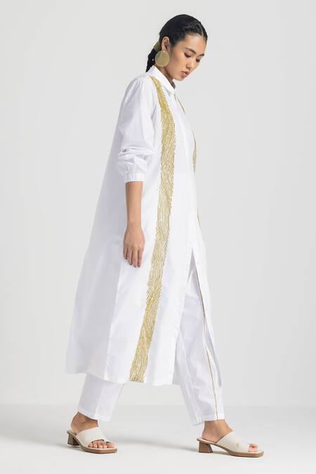 Shop_Three_White Poplin Emboidered Tape Straight Pant  _at_Aza_Fashions