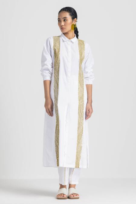 Three_White Poplin Emboidered Tape Straight Pant  _Online_at_Aza_Fashions