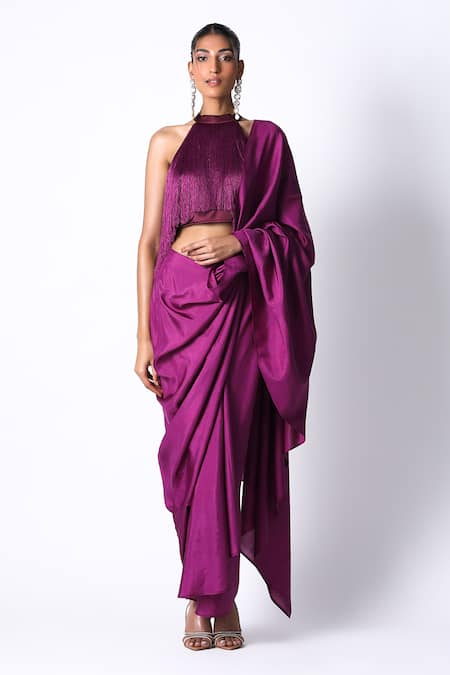 431-88 by Shweta Kapur Purple Satin Solid Masai Godet Pre Draped Saree With Fringe Top  