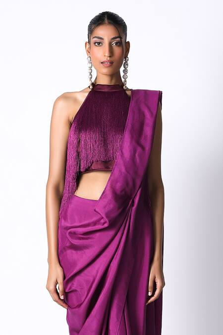 431-88 By Shweta Kapur_Purple Silk, Satin Fringe Halter Masai Godet Solid Pre Draped Saree With Top_Online_at_Aza_Fashions