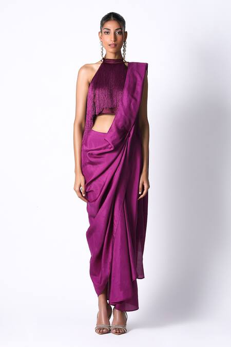 Buy_431-88 By Shweta Kapur_Purple Silk, Satin Fringe Halter Masai Godet Solid Pre Draped Saree With Top_Online_at_Aza_Fashions