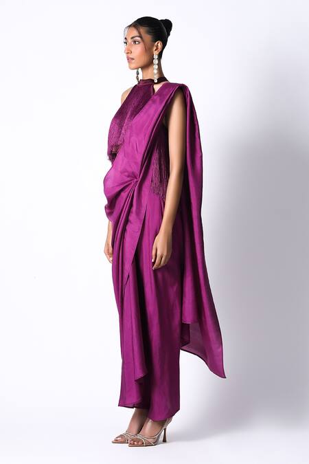 Shop_431-88 By Shweta Kapur_Purple Silk, Satin Fringe Halter Masai Godet Solid Pre Draped Saree With Top_Online_at_Aza_Fashions
