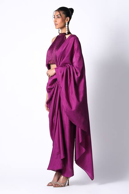 431-88 By Shweta Kapur_Purple Silk, Satin Fringe Halter Masai Godet Solid Pre Draped Saree With Top_at_Aza_Fashions