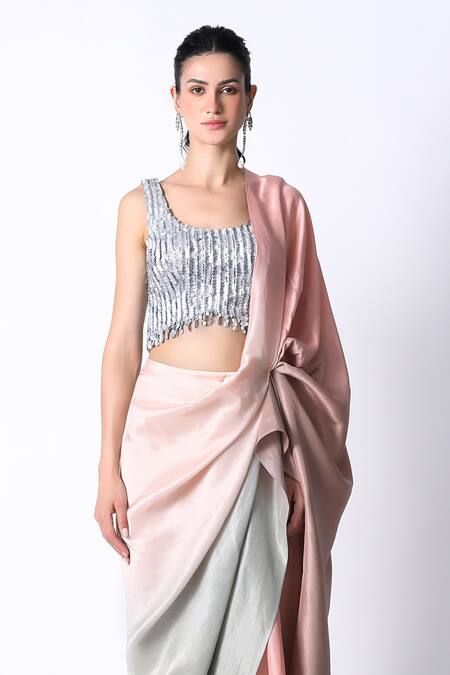431-88 By Shweta Kapur_Silver Silk Sequins Round Neck Ombre Pre Draped Saree And Blouse Set_Online_at_Aza_Fashions