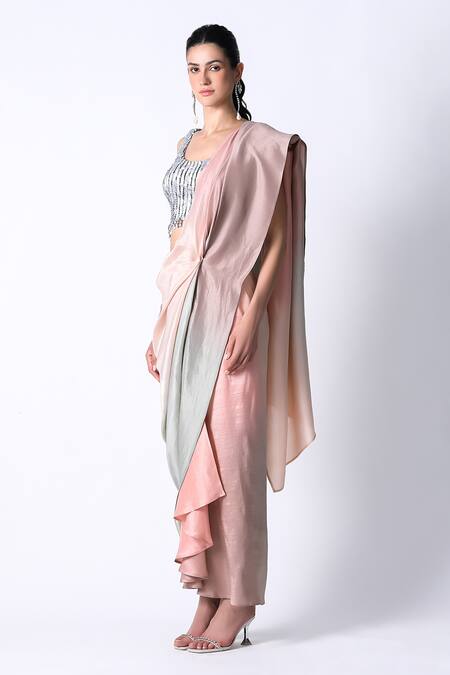 Buy_431-88 By Shweta Kapur_Silver Silk Sequins Round Neck Ombre Pre Draped Saree And Blouse Set_Online_at_Aza_Fashions