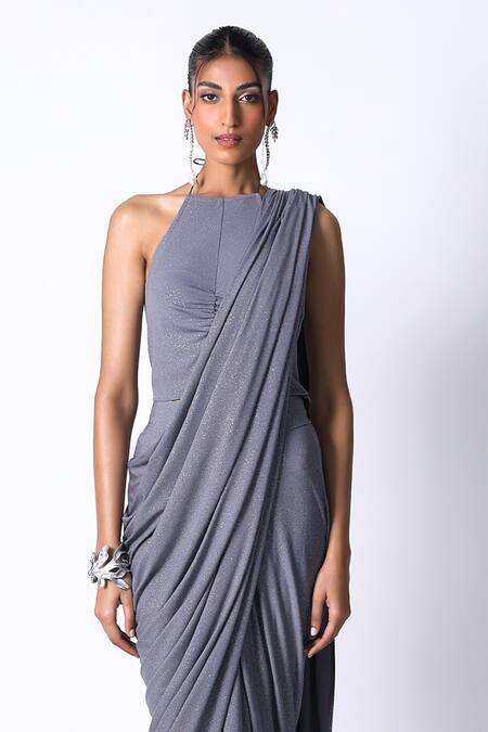 431-88 By Shweta Kapur_Grey Jersey Halter Neck Star Shimmer Pre Draped Saree With Blouse_Online_at_Aza_Fashions