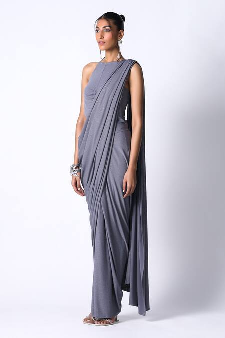 Buy_431-88 By Shweta Kapur_Grey Jersey Halter Neck Star Shimmer Pre Draped Saree With Blouse_Online_at_Aza_Fashions