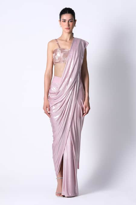 431-88 by Shweta Kapur Pink Cotton Embellished Sequin Waterfall Pre Draped Saree With Blouse 