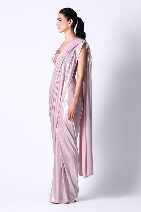 431-88 By Shweta Kapur_Pink Cotton, Jersey Sequins Waterfall Pre Draped Saree With Embellished Blouse_Online_at_Aza_Fashions